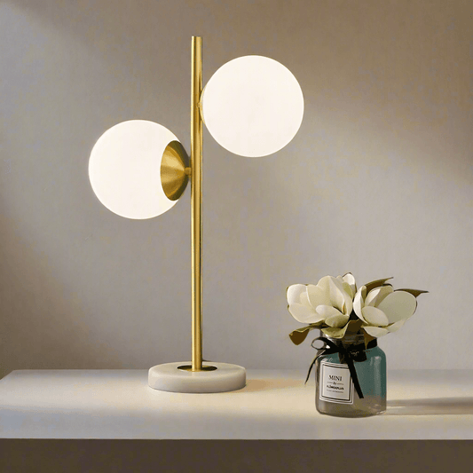 Modern N I CREATIONS table lamp desk with two spherical shades and a sleek gold stand
