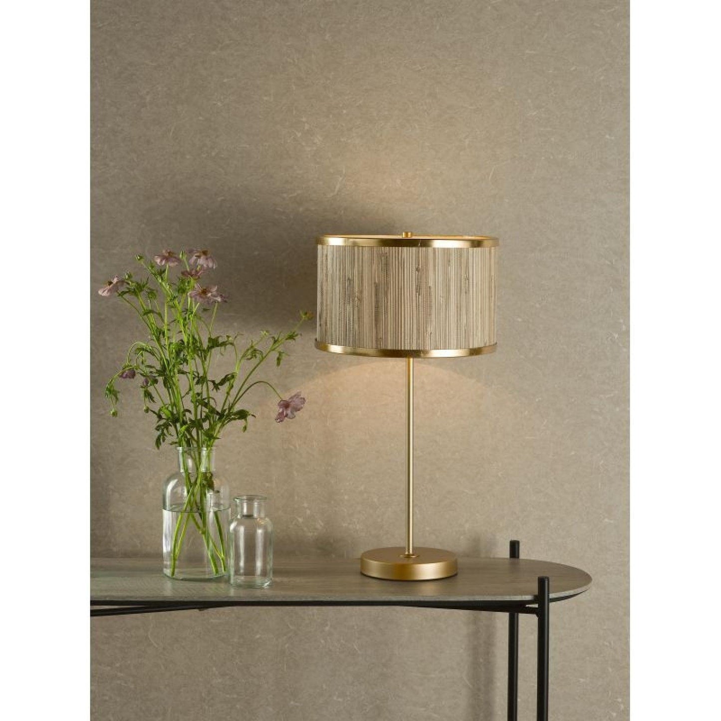 Elegant N I CREATIONS table lamp desk with a gold finish and unique shade, perfect for home decor