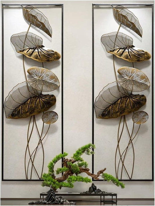 Multicolor abstract metal wall art hanging on a clean white wall
