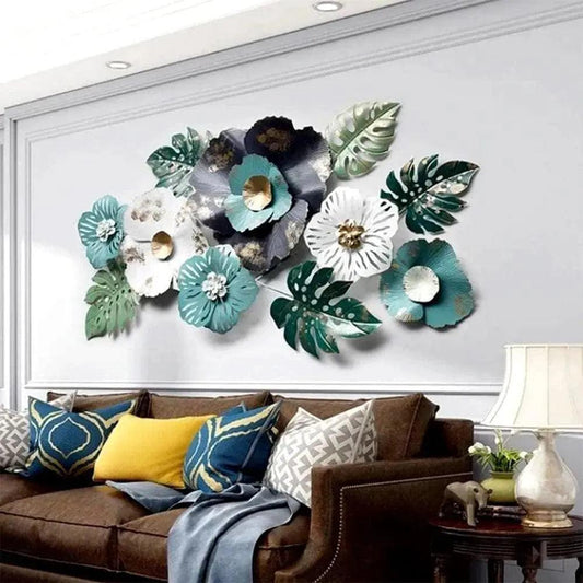 Multicolor metal flower wall art above living room sofa – elegant handcrafted décor by N I CREATIONS™