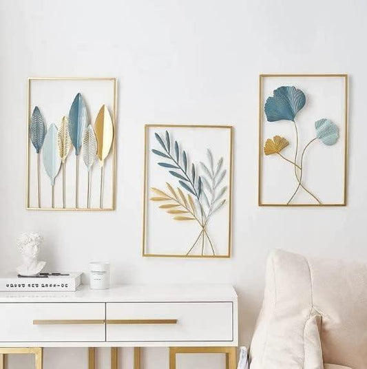 Gold metal leaf wall art set of 3 – hanging on clean white wall