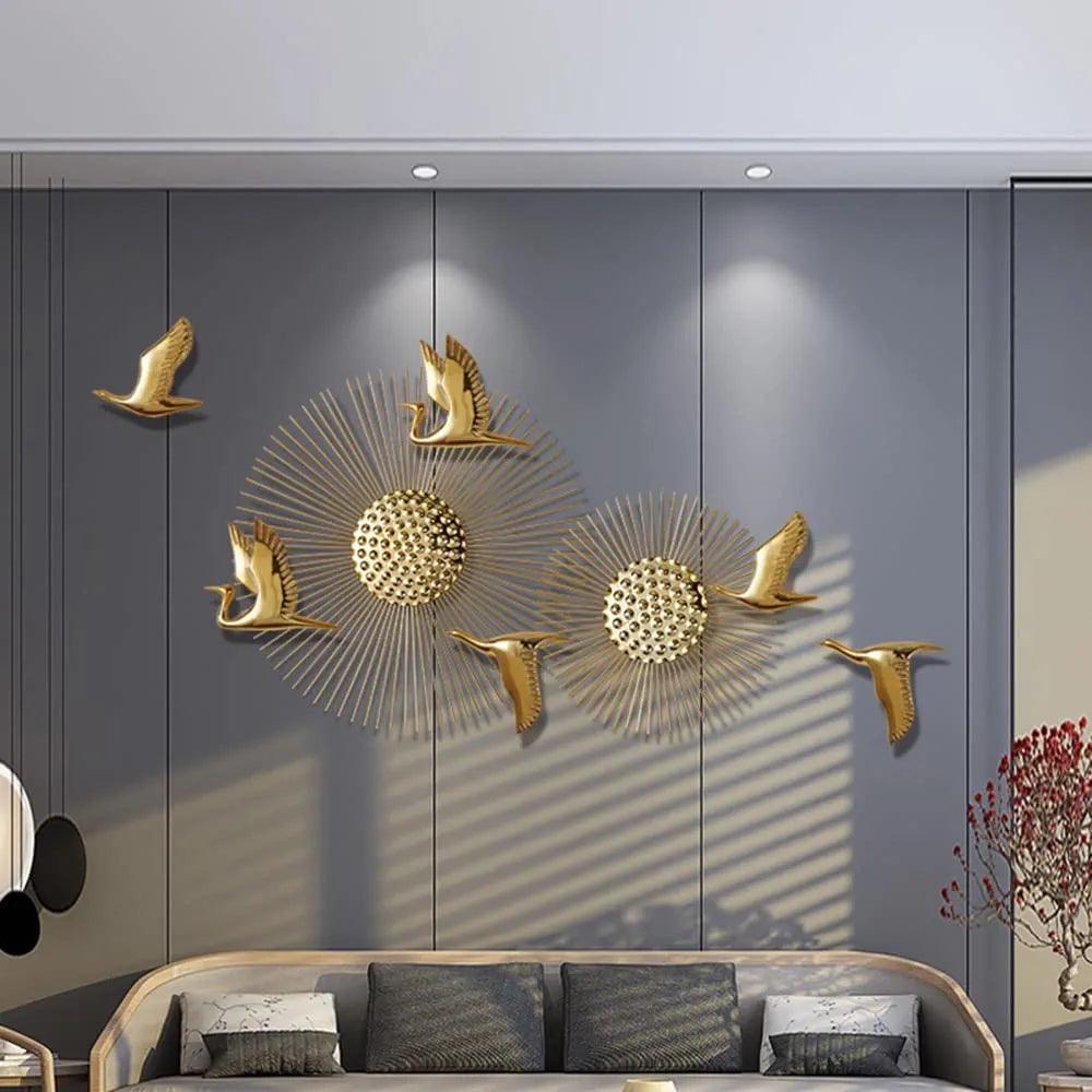 Wall decoration with wall birds and golden sunburst accents for modern home interiors